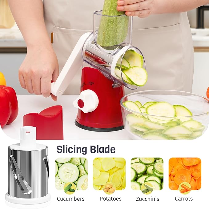 Cheese Grater Hand Crank, Rotary Cheese Shredder with 3 Interchangeable Blades for Coarse, Fine Shredding and Slicing, Strong Suction Base for Pizza, Pasta, Salad, Vegetables, Nuts, Chocolate - Image 3