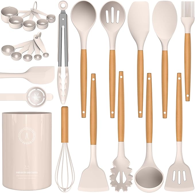 Silicone Cooking Utensils Set - AVGPD Silicone Kitchen Utensils for Cooking Wooden Handles, 446°F Heat Resistant Kitchen Utensil Spatula Sets w Holder, Gadgets for Non-Stick Cookware BPA FREE (Khaki) - Image 9