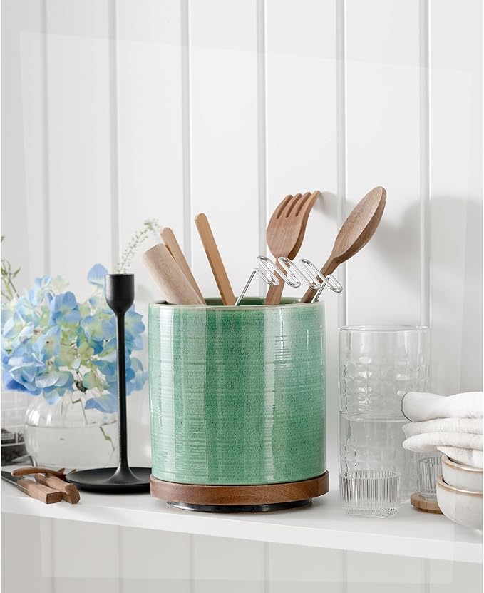 Utensil Holder, 360° Rotating Extra Large Ceramic Kitchen Utensil Holder for Countertop, 7.3“ Cooking Utensil Crocks for Kitchen Counter with Rotatable Wooden Base, Farmhouse Decor, Forest Green - Image 8