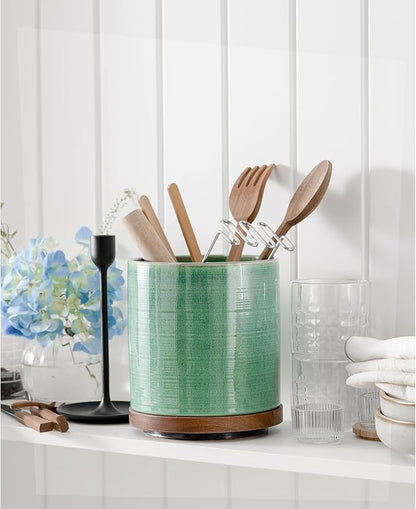 Utensil Holder, 360° Rotating Extra Large Ceramic Kitchen Utensil Holder for Countertop, 7.3“ Cooking Utensil Crocks for Kitchen Counter with Rotatable Wooden Base, Farmhouse Decor, Forest Green - Image 8