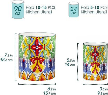 vancasso SIMI Utensil Holder, 7.3"+5.5" Porcelain Kitchen Utensil Holder for Countertop, Bohemian Kitchen Utensil Organizer for Spatulas, Spoons, Ladles, Decorative Counter Utensil Crock, Golden Bloom