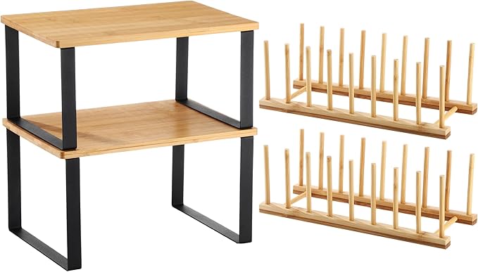 Marsui 4 Pcs Kitchen Organizer Accessories Set Cabinet Organizer Shelf and Bamboo Dish Drying Plate Rack Counter Shelves Storage Holder for Spice Rack, Dish, Pot Lid, Bowl, Cup(Light Color) by Marsui