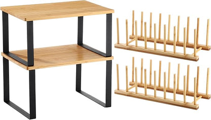 Marsui 4 Pcs Kitchen Organizer Accessories Set Cabinet Organizer Shelf and Bamboo Dish Drying Plate Rack Counter Shelves Storage Holder for Spice Rack, Dish, Pot Lid, Bowl, Cup(Light Color) by Marsui