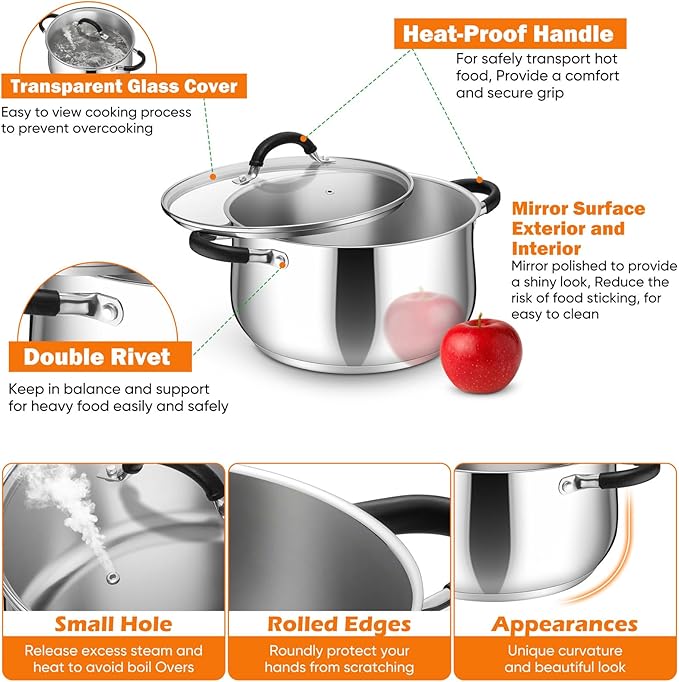 P&P CHEF Stainless Steel Stock Pot, 5 Qt Cooking Soup Pot with Visible Lid for Pasta, Tri-Ply Bottom & Dual Heatproof Handles, For Induction Gas All Stoves, Non-Toxic & Dishwasher Safe - Image 4
