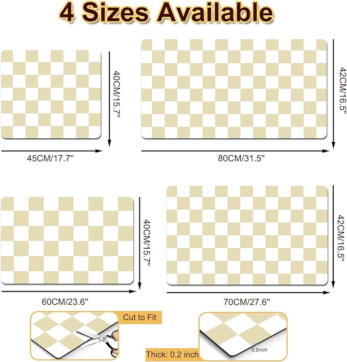 Dish Drying Mat for Kitchen Counter, 17’’ X 32’’ Absorbent Coffee Mat, Checkered Coffee Bar Mats for Espresso Machine Station, Hides Stains, Rubber Backed Dish Drying Pad, Beige & White