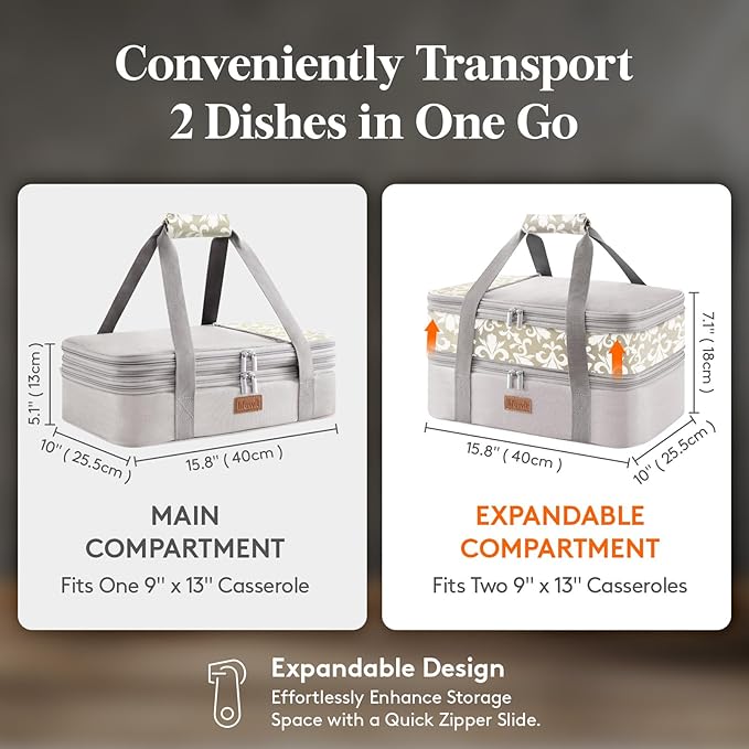 Lifewit Insulated Double Decker Casserole Carrier, Expandable Lasagna Lugger Tote Bag for Hot or Cold Food, Fits 9" x 13" Baking Dish for Potluck Parties, Picnic and Cookouts, Grey-Flowers
