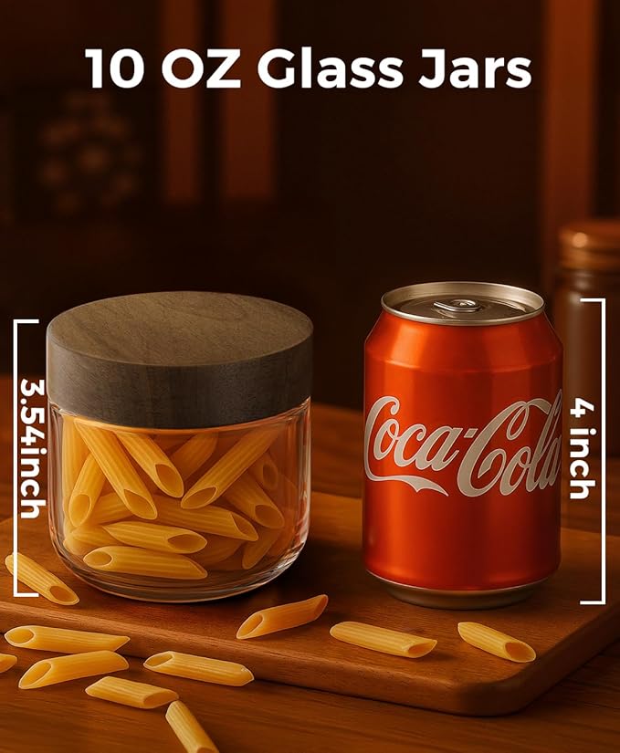 10oz 4 Pack Overnight Oats Containers with Lids, Small Glass Mason Jars with Acacia Wood Airtight Lids, Wide Mouth Meal Prep Storage Jars for Oats, Chia Pudding, Salad, Parfait, Snacks, Spice