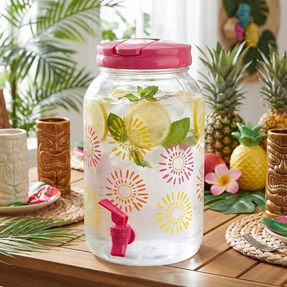 Havawish 2 Pcs 1 Gallon Plastic Beverage Dispenser with Spigot Clear Summer Kitchen Fridge Drink Dispenser for Parties Lemonade Juice Tea Beer Cold Water (Hot Pink,Sun)