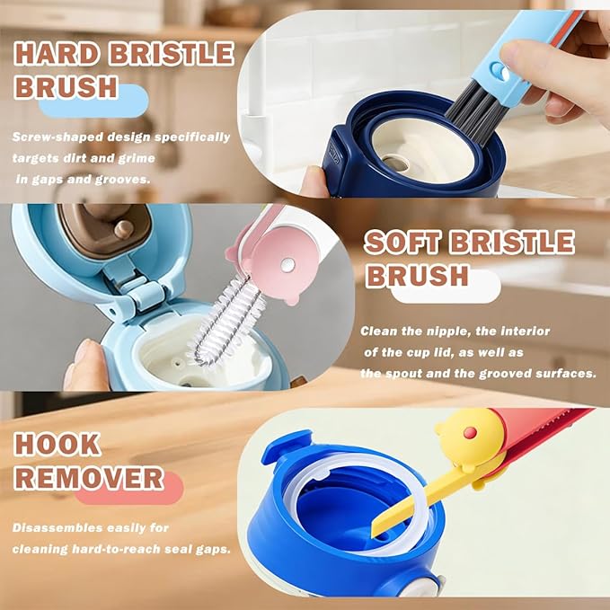 3 in 1 Cup Lid Cleaning Brush, Multifunctional Crevice & Gap Cleaner for Water Bottles, Insulated Cups and Tumblers, Deep Cleaning Tool for Home & Kitchen, Portable Travel Lid Cleaner Set (4 PCS)