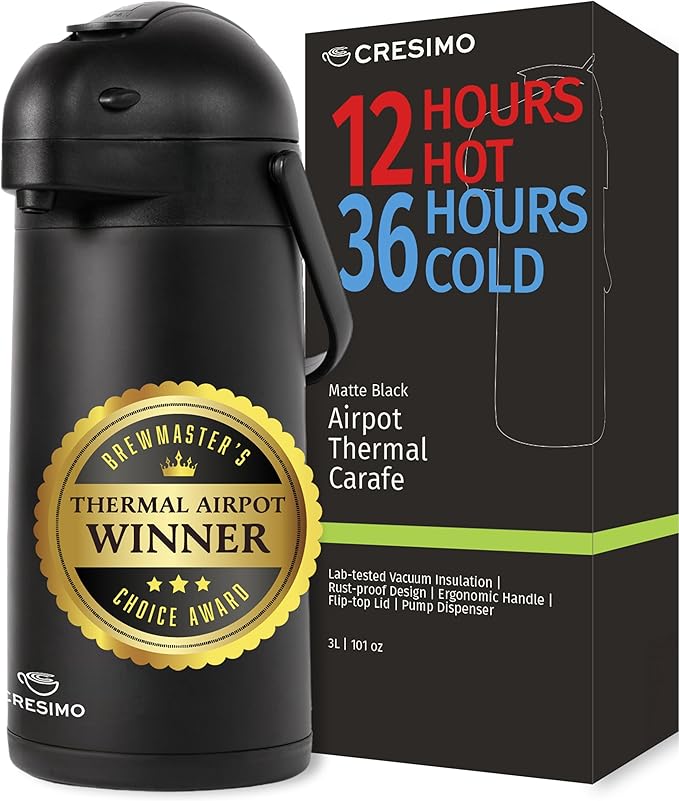 Airpot Coffee Dispenser With Pump, Black - 12 Hours Hot Water Dispenser with Pump, 36 Hours Cold - Coffee Thermal Carafe for Hot Drinks, Tea Flask for Beverages -Large Carafe w/ One-Handed Dispensing by Cresimo