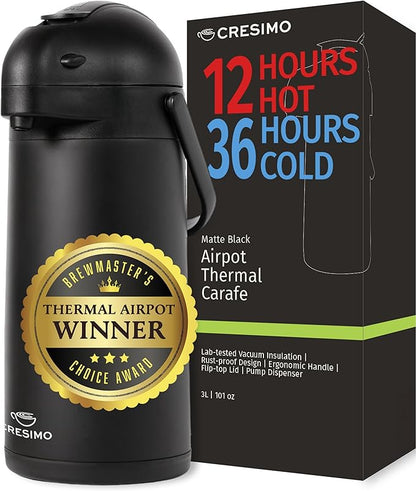 Airpot Coffee Dispenser With Pump, Black - 12 Hours Hot Water Dispenser with Pump, 36 Hours Cold - Coffee Thermal Carafe for Hot Drinks, Tea Flask for Beverages -Large Carafe w/ One-Handed Dispensing by Cresimo