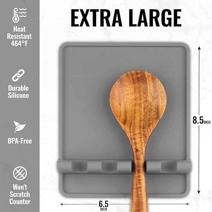 Zulay Kitchen Extra Large Silicone Utensil Rest with Drip Pad for Multiple Utensils - BPA-Free Heat-Resistant Spoon Rest & Spoon Holder for Stove Top - Kitchen Utensil Holder for Spoon - Gray - Image 3