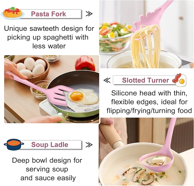 TeamFar Silicone Cooking Utensil Set of 7, Kitchen Nonstick Tools Turner Spoon Spatula Ladle Pasta Server for Nonstick Cookware, Healthy & One-Piece, Anti-Heat & Dishwasher Safe - Pink - Image 6
