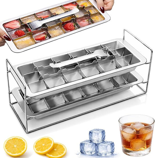 Stainless Steel Ice Cube Trays, Metal Ice Cube Trays for Freezer Vintage Inspired Design with Release Lever Remove Handle for Making Large Cubes Kitchen & Bar (2 pack) by Unknown
