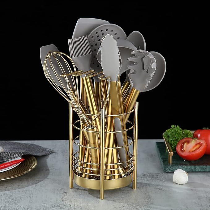 Gold Kitchen Utensil Holder for Kitchen Counter, Stainless Steel Utensil Crocks, Gold Titanium Coating Utensil Storage Caddy Organizer, Cooking Utensil Holder, Easy Cleaning (Gold/7.4''x5.2'') - Image 4