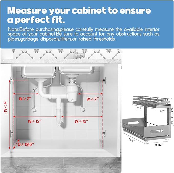 Under Sink Organizer Upgrade To Professional Rails,2-Tier Dual Pull Out Cabinet Storage,Height Adjustable Slide Out Drawers For Bathroom Kitchen,1 Pack-18.5"Dx12.8"-16.9"H,Gun Gray - Image 2