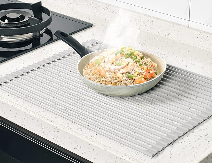 Surpahs 20.5 x 15.5 Inch Roll-Up Dish Drying Rack, Fits Across Sink Openings up to 19.5 Inches, Heavy-Duty Premium Silicone, Strong Support, Non-Slip, Heat-Resistant, Warm Gray - Image 8