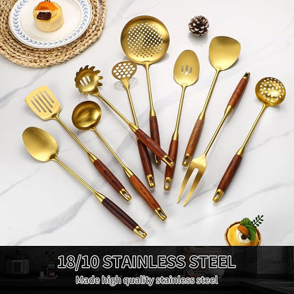 Izurok 18/10 Stainless Steel Kitchen Utensils Set,10 Piece Cooking Utensils With Wood Handle,Heat Resistant Kitchen Tool Set With Spatula,Spoon,Ladle,Skimmer,Slotted Turners,Pasta,Turner,Ladl,Fork - Image 6