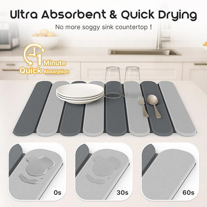 ArtyCozy Large Stone Dish Drying Mats with Non-Slip Rubber Back for Kitchen Counter, 24"×16", Space-Saving Foldable Quick Dry Absorbent Diatomaceous Earth Mat Dishes Bottles Cups Any Countertop