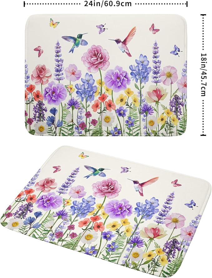 Giwawa Hummingbird Flower Dish Drying Mat 18x24 inch Watercolor Spring Herb Floral Dish Drainer Mats Wildflower Plant Reversible Microfiber Dish Drying Pad for Kitchen Countertop Large Decor