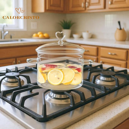 2 L Glass Cooking Pot with Lid, Simmer Pot for Stove Potpourri, Save Energy, Heat Resistant, for Water-based Recipes. Heart Shape Lid, Clear,2000ml(68oz)