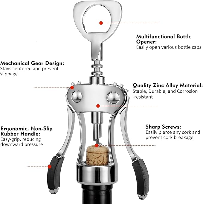 Wine Opener with Stopper, Cutter - Wine Bottle Opener Bundle, Zinc Alloy Wing Corkscrew Heavy Duty, Cork Screw Beer Opener for Bartenders, Multifunctional Bottle Opener for Kitchen, Restaurant, Bar - Image 3