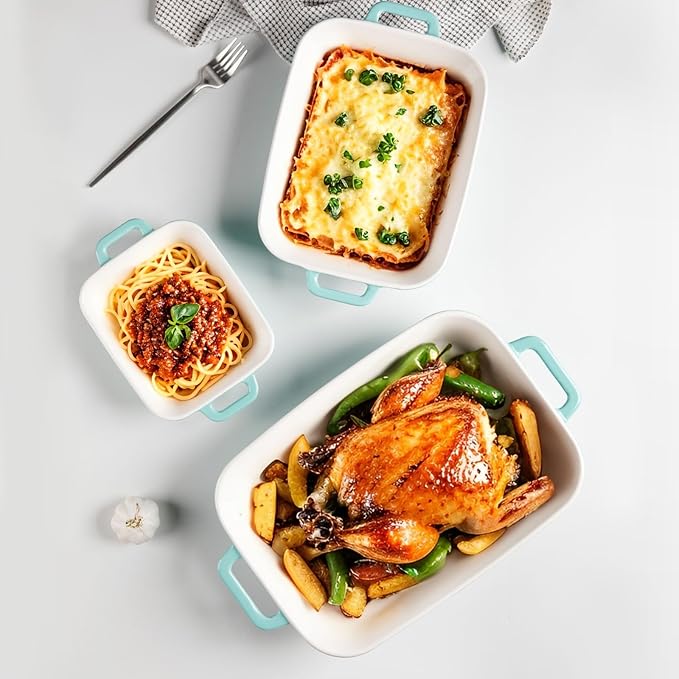 Sweejar Relief Casserole Dishes for Oven, Ceramic 9x13 Baking Pans Set for Cooking, Cake, Banquet and Daily Use, Rectangular Bakeware Set, Porcelain Baking Dish, Lasagna Pan Deep with Handles(Turquoise) - Image 2