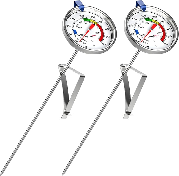 TempPro Candy Thermometer with Pot Clip, 9" Long Probe Deep Fry Oil Thermometer for Frying & Candy Making, Fryer Cooking Thermometer fo Chocolate, Caramel, Baking - 2 Pack (Previously ThermoPro) by TempPro