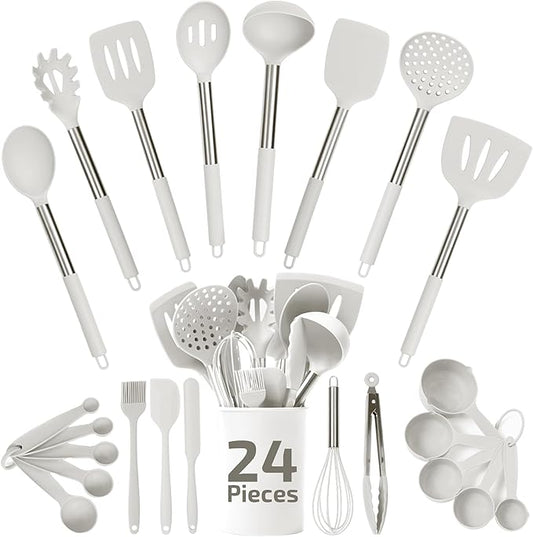 Silicone Kitchen Utensils Set - 24-Pieces 450F Heat Resistant White Cooking Utensils for Nonstick Cookware - Silicone Spatulas Set, Stainless Steel Handle & Other Kitchen accessories