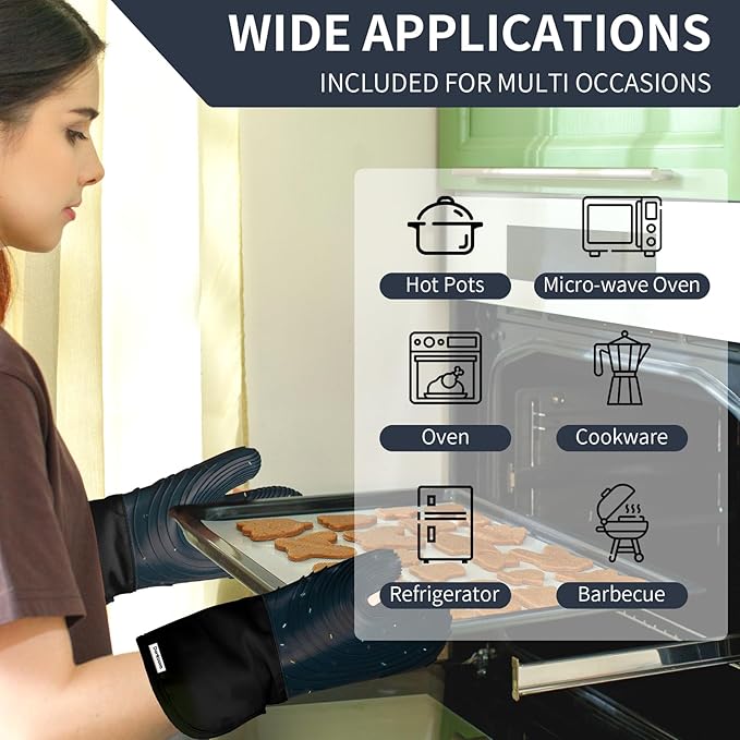 Silicone Oven Mitts,Cotton Lined Gloves, BPA-Free, Long Cooking Mitts and Trivet Mats, Oven Mitts Set for BBQ, 4 Pieces (Dark Grey) - Image 4