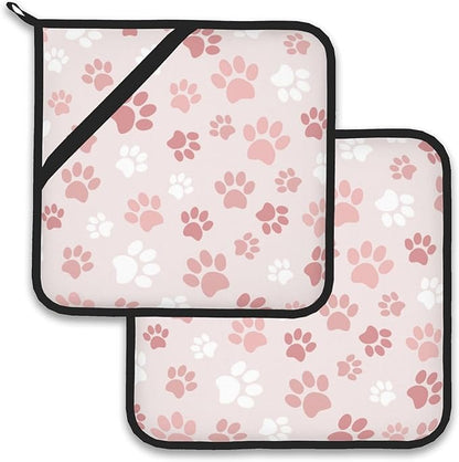 Cute Pink Cat Dog Paw Prints Pot Holder Set of 2,Heat Resistant Potholders Oven Hot Pads for Kitchen Cooking Baking BBQ