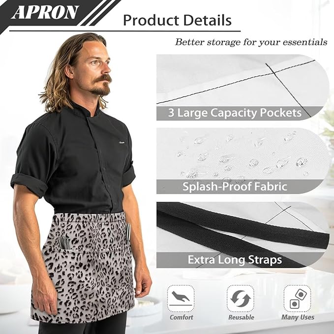 Server Apron with 3 Pockets, Waterproof Oil Waitress Waiter Half Apron for Restaurant Hotel Kitchen Cafe