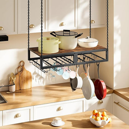 HOOBRO Hanging Pot Rack, Space-Saving Pot Hanger for Kitchen, Ceiling Pan Hanging Rack with 10 S-Shaped Hooks and 3 Dual-Prong Hooks, for Pot, Pan Storage,Space-Saving, Rustic Brown and Black BF78TL01