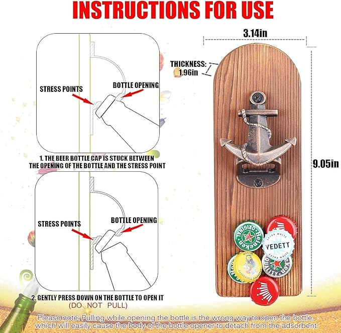 Beer Bottle Opener Wall Mounted with Magnetic Cap Catcher,Wooden Magnetic Bottle Opener for Fridge,Vintage Beer Gifts for Men, Man Cave Decor,Gifts for Men and Beer Lovers(Style 2)