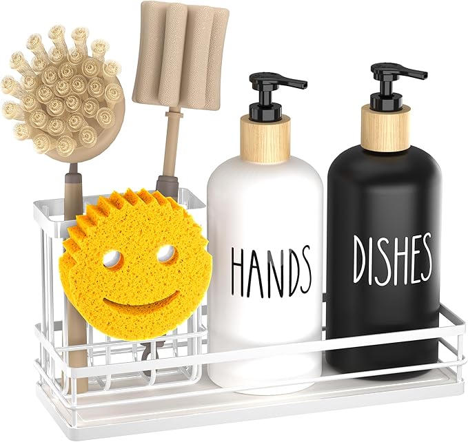 Moforoco Kitchen Dish Soap Dispenser Set, 16OZ Glass Bottle, Hand and Dish Soap Dispenser Set, Instant Dry Tray, Brush Holder with Smiley Face Sponge Holder (White Tray+Black&White Bottle) - Image 8