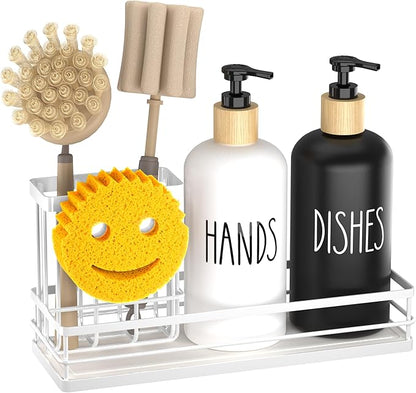 Moforoco Kitchen Dish Soap Dispenser Set, 16OZ Glass Bottle, Hand and Dish Soap Dispenser Set, Instant Dry Tray, Brush Holder with Smiley Face Sponge Holder (White Tray+Black&White Bottle) - Image 8