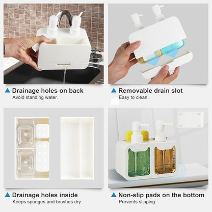 Kitchen Soap Dispenser Set, with Hand and Dish Soap, Sponge Caddy and Brush Holder 4-in-1 Kitchen Dual Soap Dispenser Set for Kitchen Sink, Bathroom - White - Image 5