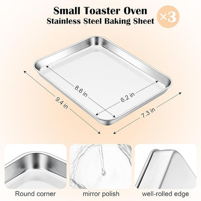 E-far 3 Pack Toaster Oven Trays, 9.4”x7.3” Stainless Steel Small Baking Cookie Sheets, Mini Non-toxic Metal Baking Pans for Cake, Healthy & Rust Free, Mirror Finish & Dishwasher Safe - Image 2