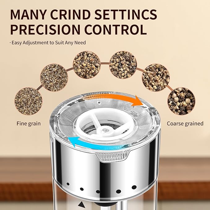 Rechargeable Salt & Pepper Grinder Set - Electric Automatic Grinder, Adjustable Coarseness, LED Light, One-Hand Operation, Stainless Steel & Acrylic, USB Charging, Silver (Set of 2)