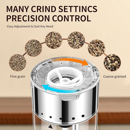 Rechargeable Salt & Pepper Grinder Set - Electric Automatic Grinder, Adjustable Coarseness, LED Light, One-Hand Operation, Stainless Steel & Acrylic, USB Charging, Silver (Set of 2)
