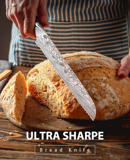 MOSFiATA Bread Knife 8” Ultra Sharp Serrated Knife, German High Carbon Stainless Steel EN1.4116 Bread Slicer with Bread Lame, Micarta Handle, For Bread, Cake, Bagels - Image 2