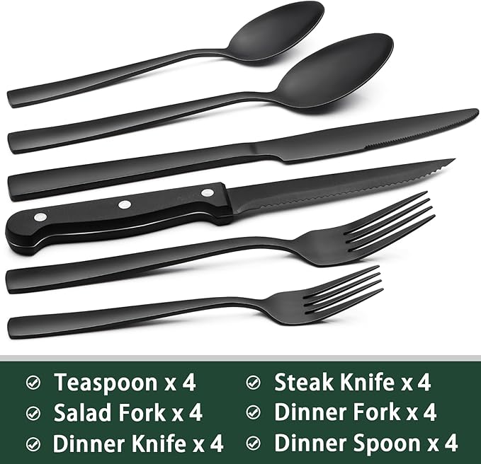 EWFEN 24-Piece Black Silverware Set with Steak Knives, Black Flatware Set for 4, Food-Grade Stainless Steel Tableware Cutlery Set, Mirror Finished Utensil Sets for Home Restaurant, Square Edge - Image 2