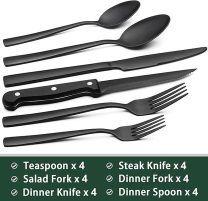 EWFEN 24-Piece Black Silverware Set with Steak Knives, Black Flatware Set for 4, Food-Grade Stainless Steel Tableware Cutlery Set, Mirror Finished Utensil Sets for Home Restaurant, Square Edge - Image 2