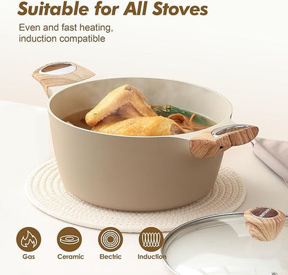 SENSARTE Ceramic Nonstick Stock Pot with Lid, 2.6/4.5/6.6/8.5 QT Soup Pot Casserole Pot, Non-toxic Healthy Pasta Pot, Large Cooking Pot Stew Pot, Induction Compatible, PFOA PFAS PTFE Free, Taupe - Image 3