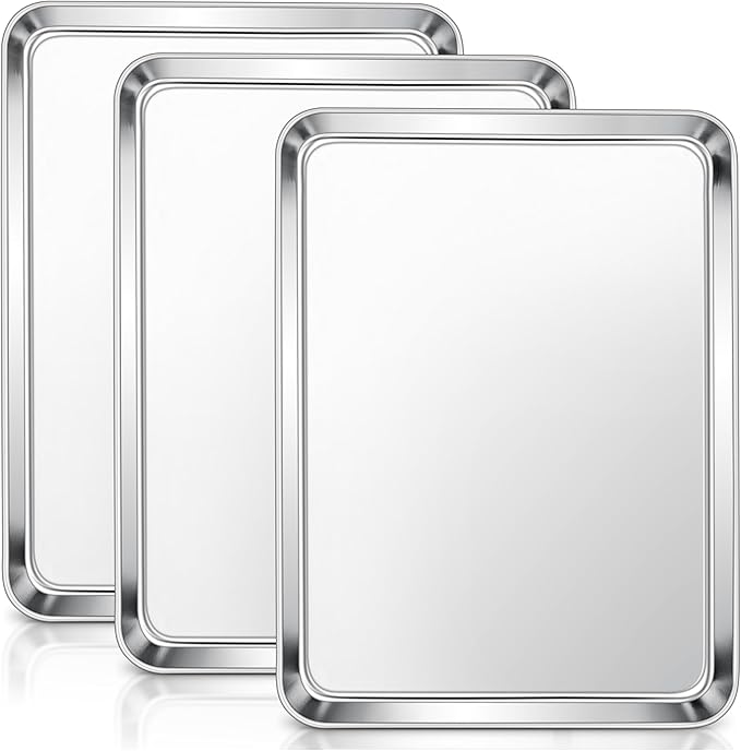 E-far Stainless Steel Baking Sheets Set of 3, 12.4” x9.7” Baking Cookie Sheets Pans for Oven, Non-toxic Metal Trays for Cake Cookies, Healthy & Rust Free, Mirror Finish & Dishwasher Safe by E-far