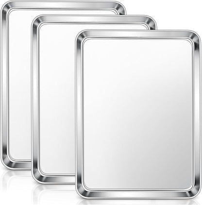 E-far Stainless Steel Baking Sheets Set of 3, 12.4” x9.7” Baking Cookie Sheets Pans for Oven, Non-toxic Metal Trays for Cake Cookies, Healthy & Rust Free, Mirror Finish & Dishwasher Safe by E-far