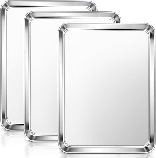 E-far Stainless Steel Baking Sheets Set of 3, 12.4” x9.7” Baking Cookie Sheets Pans for Oven, Non-toxic Metal Trays for Cake Cookies, Healthy & Rust Free, Mirror Finish & Dishwasher Safe by E-far