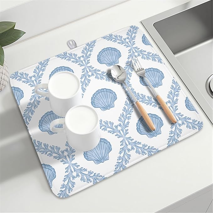 Summer Sea Shell Drying Mat 18x16 Inch, Light Blue Drying Mat with Absorbent Reversible Microfiber, Coastal Dish Drainer Mats Holiday Ocean Rack Pad for Coffee Countertop Kitchen Protector