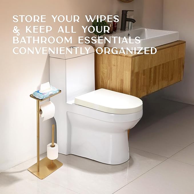 Day Moon™ - Toilet Paper Holder - Modern Roll Holder for Bathroom - 1 Pack - Free Standing - with Shelf, Gold - Image 7