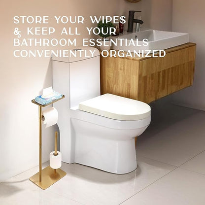Day Moon™ - Toilet Paper Holder - Modern Roll Holder for Bathroom - 1 Pack - Free Standing - with Shelf, Gold - Image 7